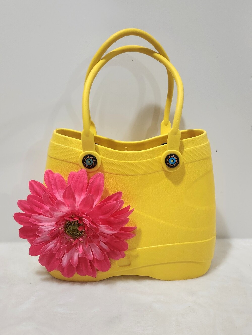 Optari Sole Pink Floral Yellow Rubber Beach Tote Handbag Purse